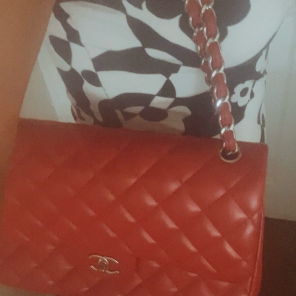 Authentic CHANEL Red Lambskin Leather Jumbo Double Flap Bag